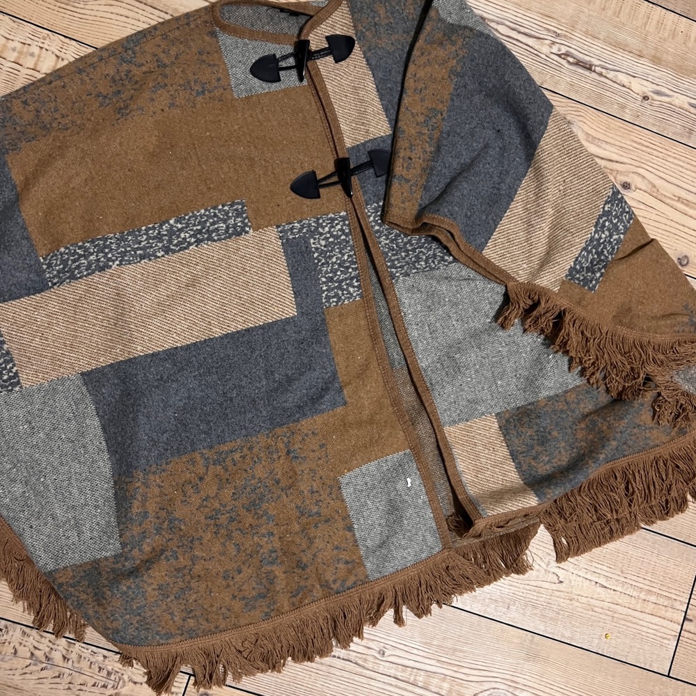 Coco + Carmen Brown and Gray Patchwork Cape - image 1